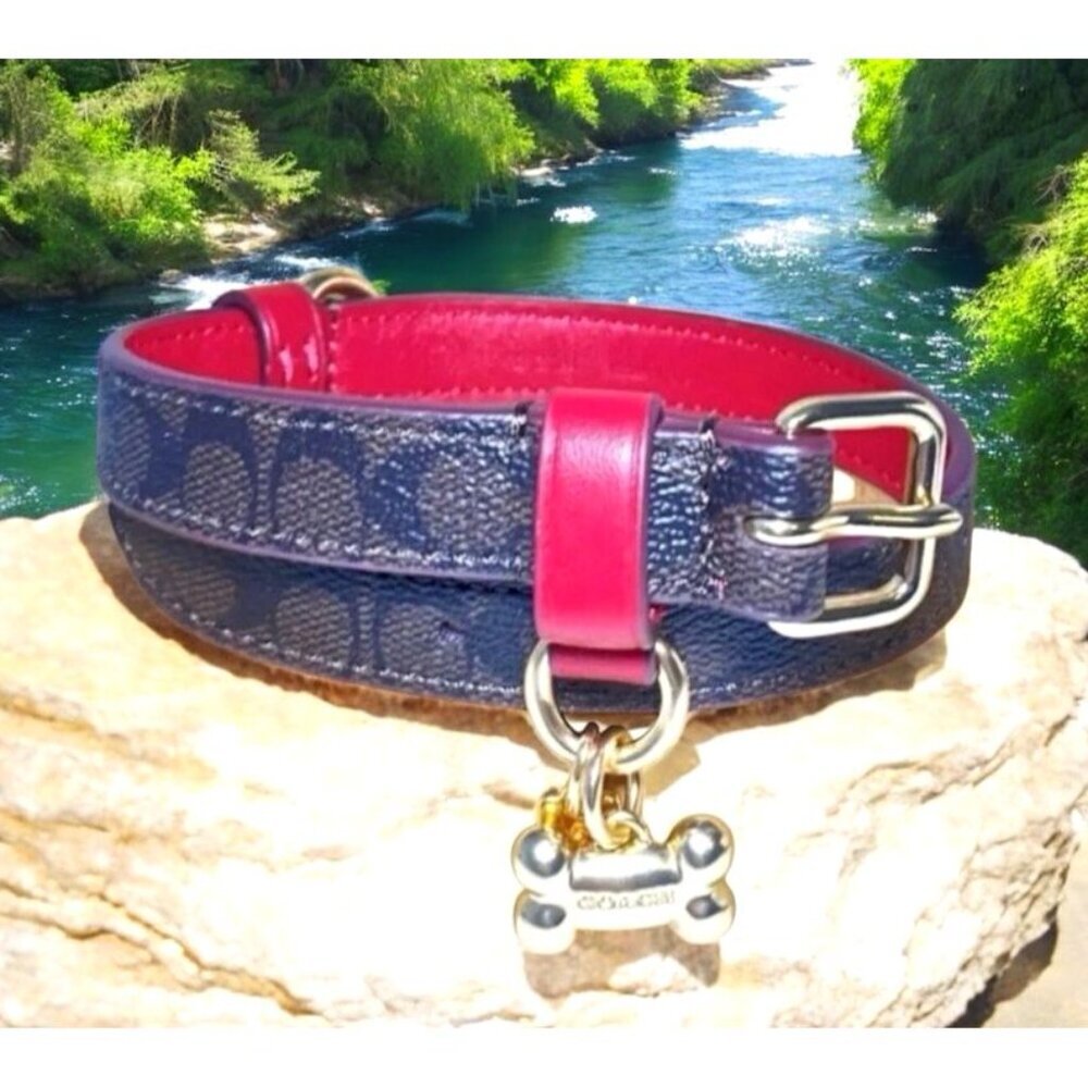 Coach Dog Collar + Apple AirTag Tracker! Brown Red Signature C Size Large - Picture 3 of 10